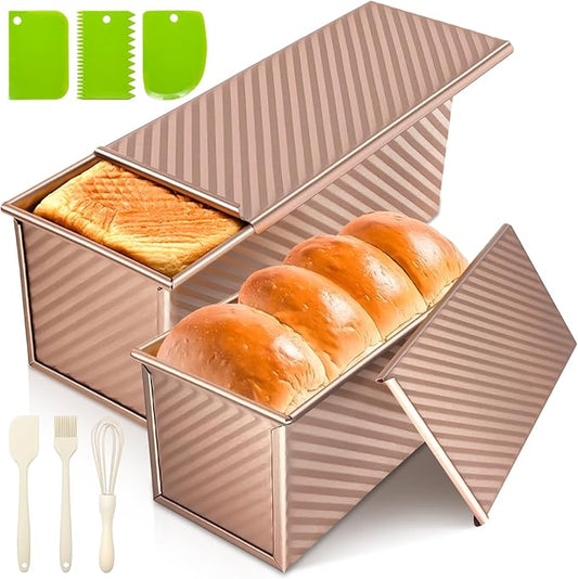 2Pack Large Bread Pan with Lids – 2.2LB Dough Capacity, Non-Stick Carbon Steel Bread Pans for Homemade Sandwich and Sourdough Bread, Corrugated Toast Mold(Gold)