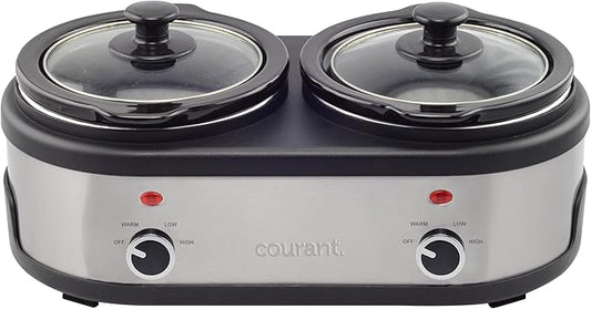 Courant 3.2-Quart Double Slow Cooker(1.6-Qt each) w/Warm Settings, Stainproof Stoneware Pots and Glass Lids – StainlessSteel