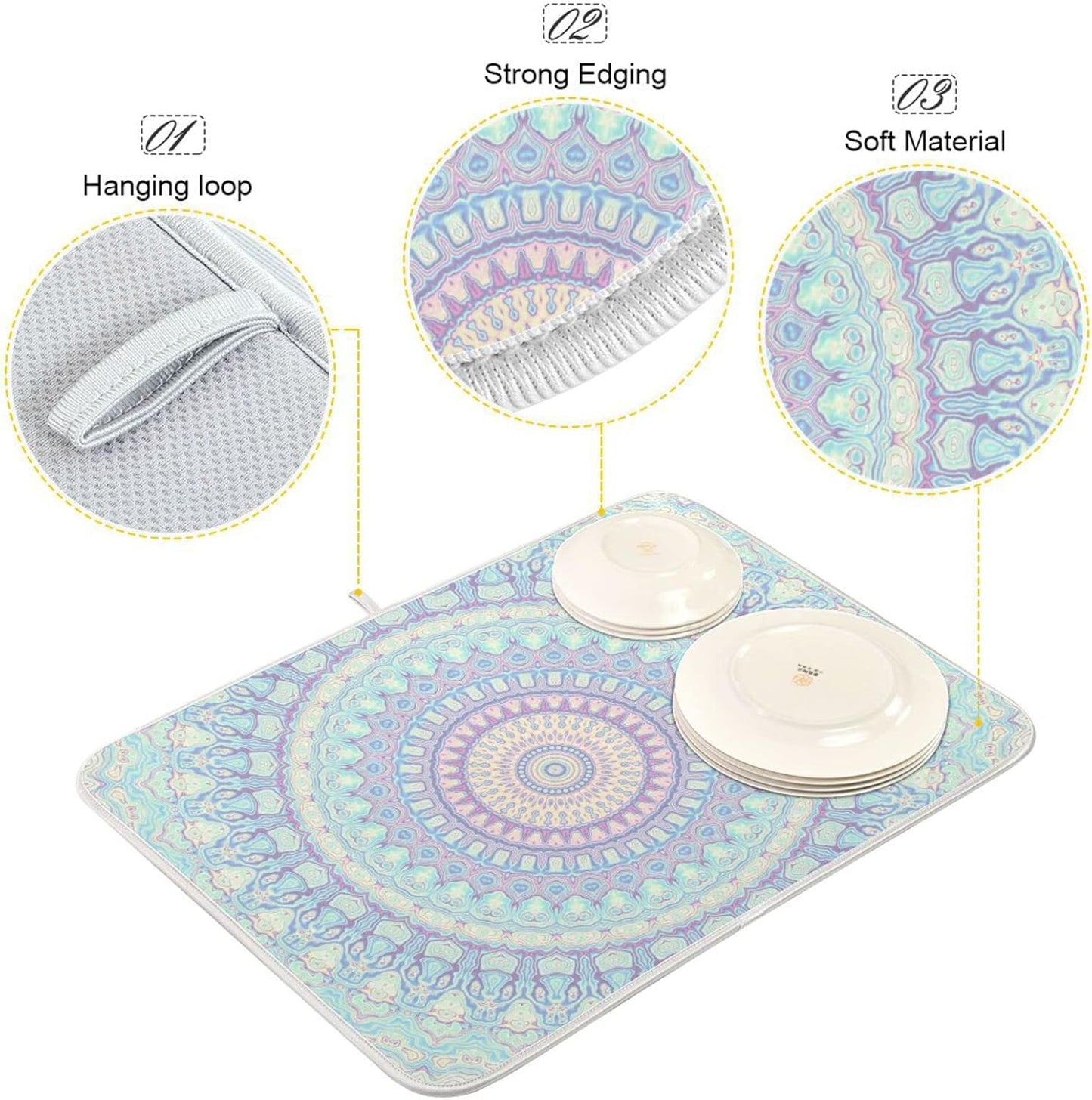 Mandala Bohemian Dish Drying Mat for Kitchen Counter Boho Ethnic Absorbent Microfiber Drying Pad, Large 18x24 in, Reversible Drainer Mats