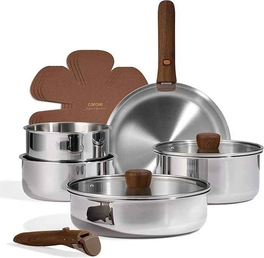 CAROTE 13pcs Tri-Ply Stainless Steel Cookware Set with Detachable Handle, Pots and Pans Set, Induction Kitchen Cooking Sets, RV/Camping Cookware, Oven Safe, Woodgrain Style