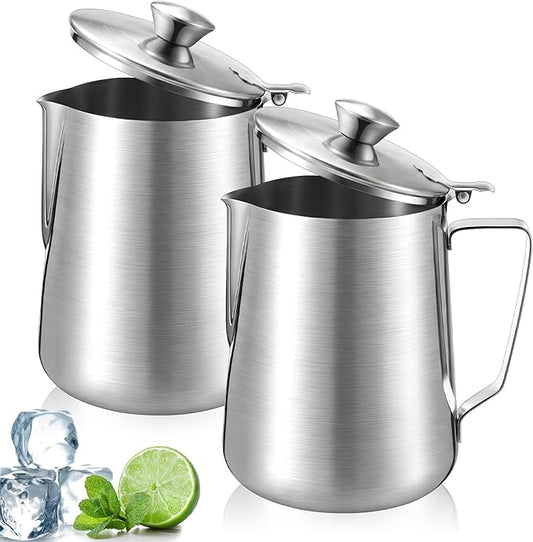 2 Pcs 67 oz/ 2 L Stainless Steel Pitcher with Lid Large Capacity Stainless Steel Metal Water Pitcher with Handle Milk Frothing Jug for Coffee Iced/Hot Tea Latte Art Homemade Beverages