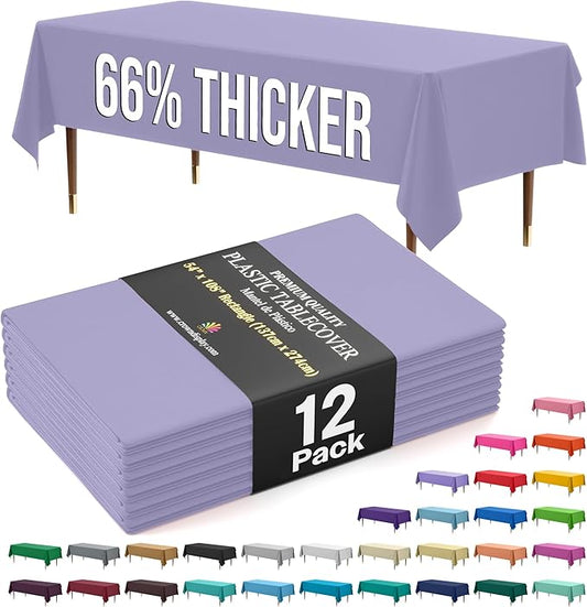 Exquisite 66% Thicker Premium Plastic Table Cloth Rectangle Table Cover 0.5 Mil 12 Pack Lavender Table Cloth 54 Inch x 108 Inch Disposable Tablecloth Won't Tear Easily Like Cheap Thin Brands
