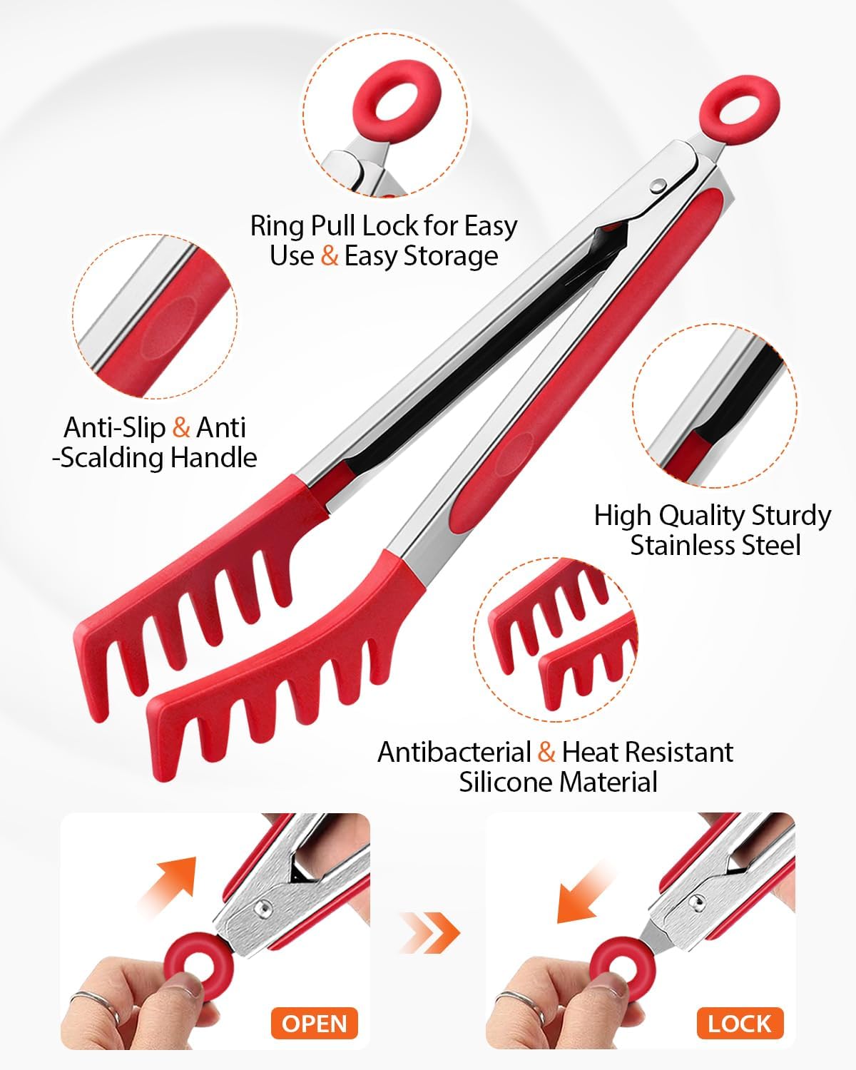 Silicone Spaghetti Spoon & Pasta Tong With Pasta Measurer, 3 Pack of Non-Stick Stainless Steel Handle Pasta Fork Set with Teeth, Food Clip for Easy Serving of Noodles (RED)