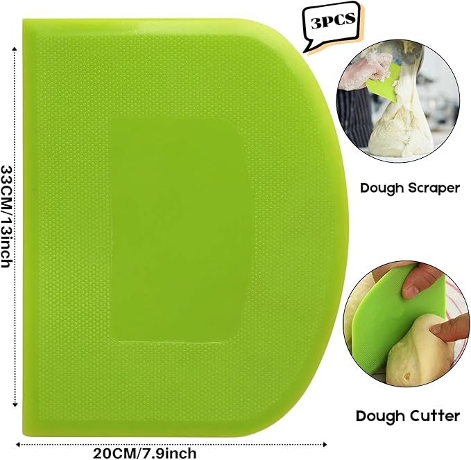 SURDOCA Dough Scraper Bench Scraper - 3P 13x7.9" Plastic Flexible Bowl Scraper, Sharp Edge & Angles Cake Scraper. Non-Slip Bakeware Decorating Tools Sculpting & Modeling Tools - White+Green+White