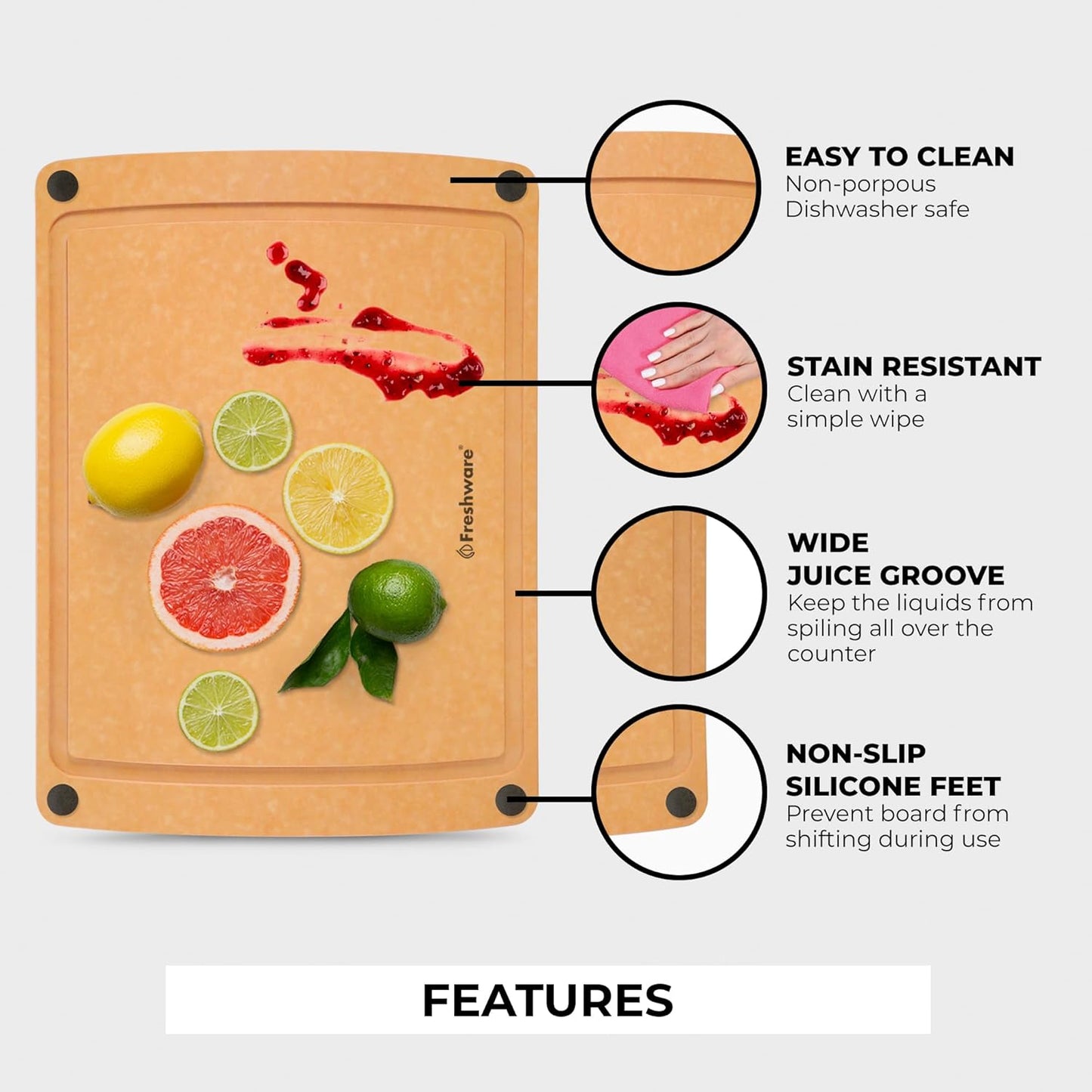 Freshware Wood Cutting Board for Kitchen, Juice Groove, Non-Slip Silicone Feet, Dishwasher Safe, X Large, 18" x 13", Natural
