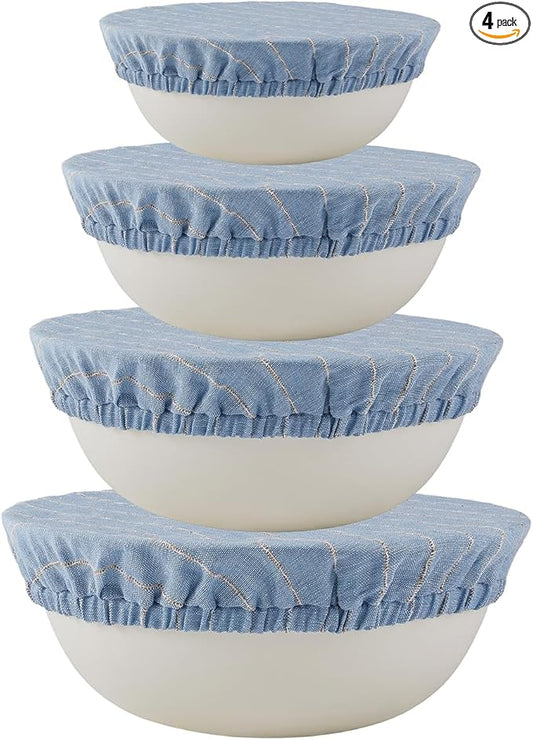 100% Pure Linen Bowl Covers For Bread Proofing, 4 Pcs Elastic Reusable Bowl Covers Large Ticking Striped Cloth Fabric Stretch Sourdough Lids, 6 * 8 * 10 * 12 Inches- Navy Blue