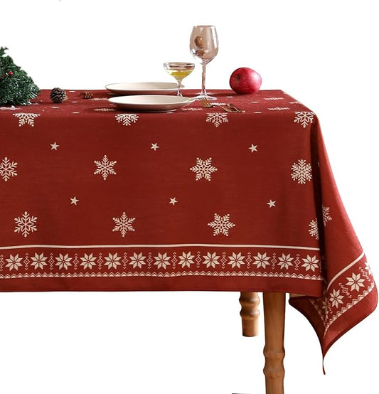 ISAENNE Designer Christmas Red Small Square Tablecloth,Linen Table Cloth with Snowflakes Pattern,Wrinkle Resistant Decor Tablecloths for Dining Kitchen Thanksgiving Christmas,55"*55"-Carol C