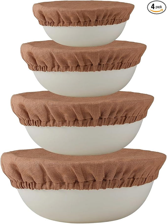 100% Pure Linen Bowl Covers For Bread Proofing, 4 Pcs Elastic Reusable Solid Color Cloth Fabric Bowl Covers,XL Organic Washable Large Stretch Sourdough Lids 6 * 8 * 10 * 12 Inches, Brown