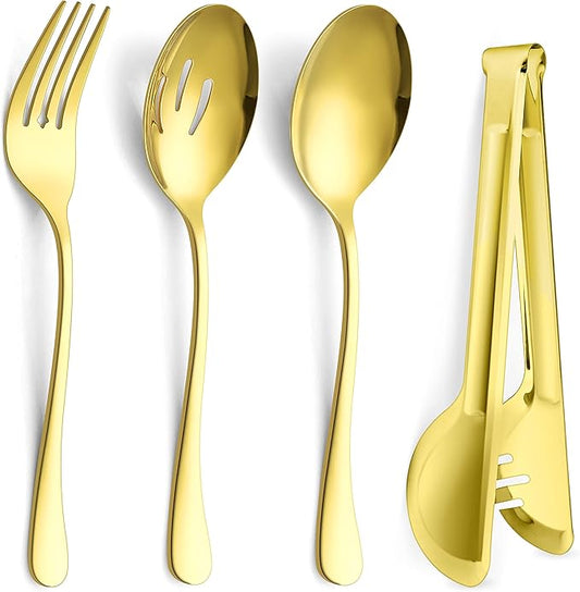 Large Gold Serving Utensils Set of 8, E-far Stainless Steel 9.8 Inch Serving Spoons Slotted Spoon, 9.9 Inch Forks, 9.4 Inch Tong for Buffet Catering, Mirror Finish & Dishwasher Safe
