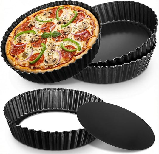 3 Pack 9.5 Inch Tart Pan with Removable Bottom, Non Stick Durable Carbon Steel Deep Quiche Tart Pan Fluted Pie Pan for Pot Oven Pies Cheesecakes Desserts