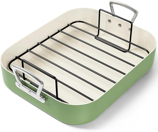 MICHELANGELO Nonstick Ceramic Roasting Pan with Rack, Turkey Roasting Pan with Ceramic Coating, Turkey Roaster Pan with Stainless Steel Rack, 15 Inch x 13 Inch - Green