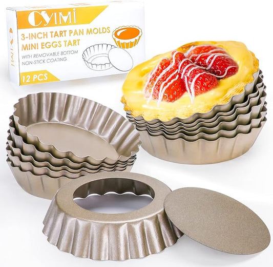 12 pcs Egg Tart Molds, 3" Mini Tart Pans Removable Bottom,Cupcake Cake Muffin Mold Tin Pan Baking, Mini Non-Stick Pan Reusable Quiche Bakeware Carbon Steel for Pies Cheese Desserts, Gold