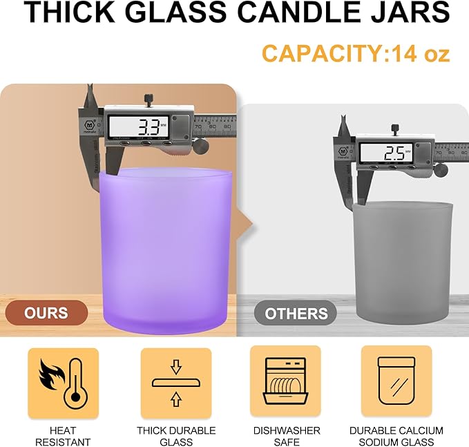 SHOWIN 14 OZ Thick Candle Jars for Making Candles 12 Pcs, 3 Wick Empty Jars with Wood Lids for Candle Making, Sample Container, Frosted Purple