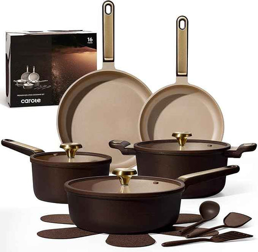 CAROTE Pots and Pans Set Nonstick, 16pcs Cookware Set Nonstick Non-Toxic & PFOA&PFOS-Free, Dishwasher, RV/Camping Cookware Set, Cooking Pots with Lids, Brown