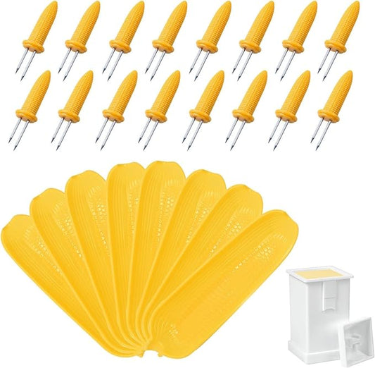 16 Pack Corn Cob Holders and 8 Pack Corn Dishes with Butter Spreader, Corn Dishes and Butter Spreader Set Kits, Corn Cob Holders Skewers BBQ Corn Holders, PEOUWNES Corn on The Cob Holders