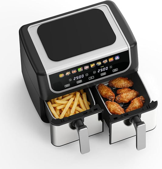 2 Baskets Air Fryer 9.5 QT, 10 in 1 Dual Air Fryers with Ceramic Crisper Plate, 80-450°F Wide Temp, Smart Cooking Mode with Match & Sync Cook, Shake Reminder, Roast, Defrost, Bake, Black