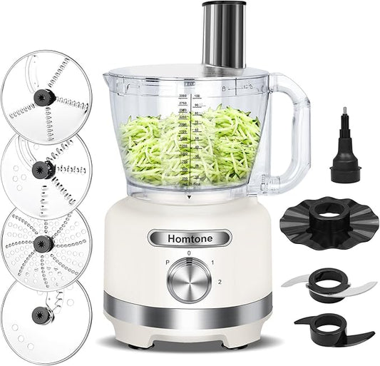 Homtone 16 Cup Food Processor Large, 9-in-1 Vegetable Chopper with 7 Blades for Shredding, Slicing, French Fry Cutting, Meat Grinding, Dough Kneading & Emulsifying, 3 Speeds, Dishwasher Safe, White