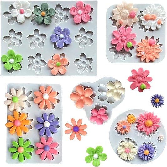 5Pcs Flower Molds Silicone Chocolate Mold Daisy Flower Fondant Polymer Clay Resin Mold Soap Ice Cube Jello Molds for Baking and Cake Cupcake Decorating (Gray Daisy Flower)
