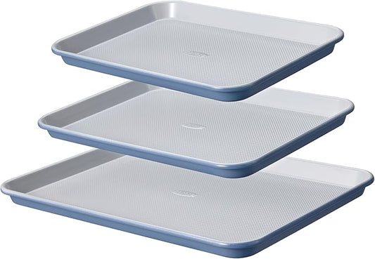 CAROTE 3-Piece Baking Pan Set - Bakeware Set, Baking Sheet Set Including 13 Inch 15 Inch 17 Inch Sheet Pan, Cookie Sheet for Baking, Royal Violet, Blue & Grey