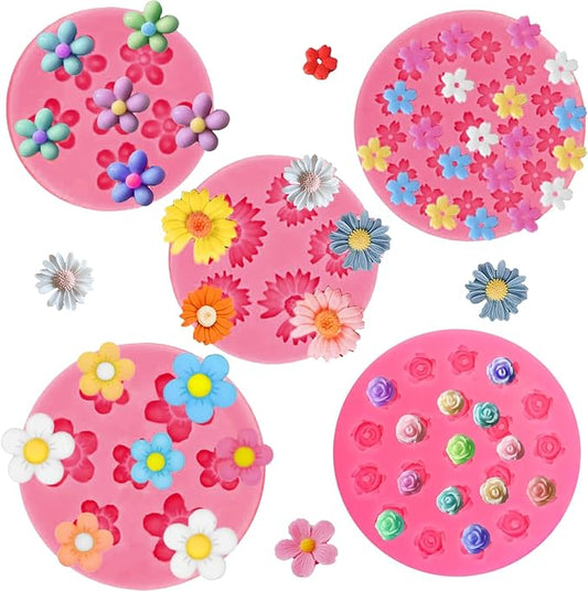 5Pcs Flower Silicone Candy Mold, Mini Fondant Chocolate Molds Small Rose Flower Resin Soap Ice Cube Wax Melt baking Mold for Cake Cupcake Decorationg (pink)