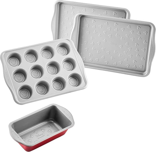 Farberware Disney Bake with Mickey Mouse Nonstick Bakeware Set/Baking Pans with Disney Home Oven Mitts, Cookie Pans, Muffin/Cupcake and Loaf Pan, 6 Piece Non Stick Bakeware Set - Red