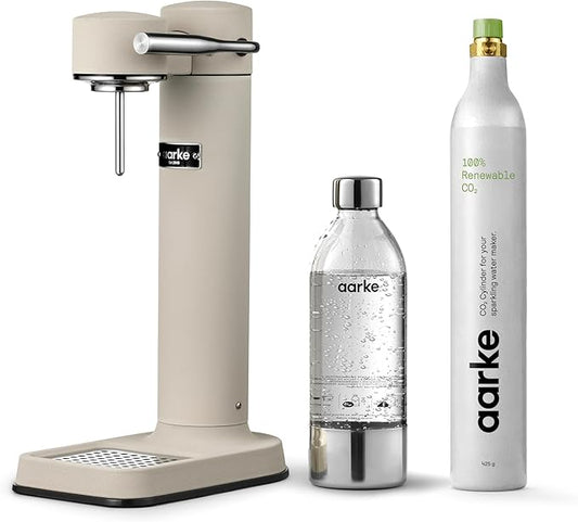 Aarke Carbonator lll with CO2 Cylinder, Sparkling & Carbonation Water Machine, Stainless Steel with PET BPA-Free Reusable Bottle Volume 1L/34 fl oz (Sand)
