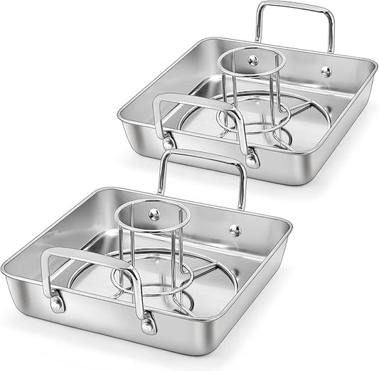 P&P CHEF Beer Can Chicken Holder with Roasting Pan Set, 9-inch Stainless Steel Square Baking Pan and Chicken Rack For Grilling, Heavy Duty & Dishwasher Safe, 4Pcs