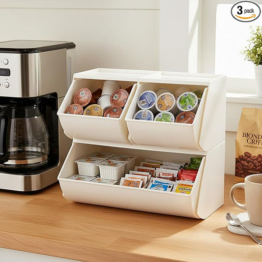 3 Pack Coffee Pod Holder for Kitchen Counter, Plastic Storage Organizer Box for Office Desktop, Large Tea Bags Basket ( Cream )