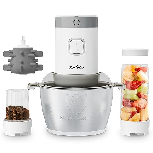 Electric Blender and Food Processor Combo: 4 in 1 Food Grinder for Grinding Meat Coffee, Peeling Garlic & Juicing, 350W Food Chooper with 1.8L Stainless Steel Bowl & 2 Cups, 2 Speed, White