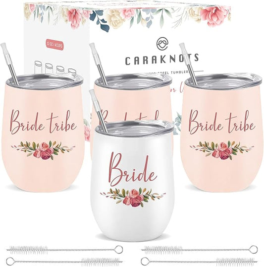 CARAKNOTS Bride Tribe 12 OZ Stainless Steel Insulated Tumbler Set of 4 - Wedding Bridal Shower Bachelorette Party Gifts for Bridesmaids