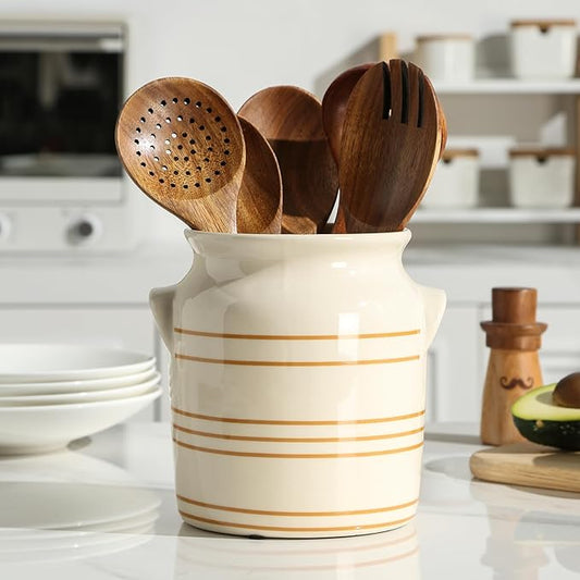 Ceramic Farmhouse Kitchen Utensil Holder for Countertop, Rustic Cooking Utensil Holder Crock Fit for Kitchen Counter. 6*6.8*6.7 IN