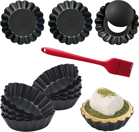 12PCS Egg Tart Molds with Removable Bottom, 3 Inch Mini Quiche Pans Nonstick Fluted Tart Pans with Silicone Basting Pastry Brush for Pie, Quiches, Tartlets