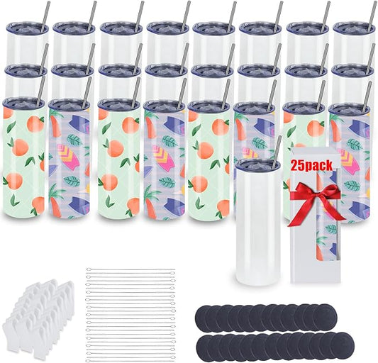 25 Pack 20oz Sublimation Tumblers Bulk With Flat Edge, 20OZ Flat Sublimation Tumbler Blank, Skinny Straight Stainless Steel Blanks Cups with Individual Box (25, 20OZ FLAT EDGE)