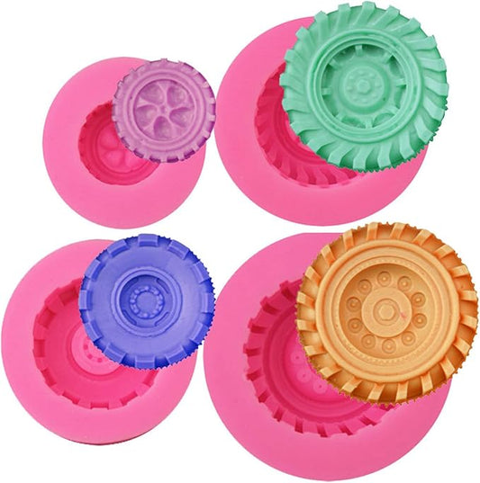 4 Pcs Fondant Molds, 3D Wheel Tire Mold Silicone Set for Cake Decorating, Realistic Tire Chocolate Candy Molds for Cupcake Topper, Polymer Clay, Baking & DIY Crafts