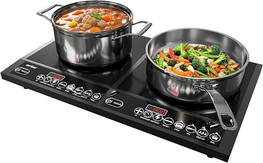 Sunvivi Portable Induction Cooktop: 2 Burners in 1, Commercial-Grade Electric Countertop Stove with LED Touchscreen, 8 Power Levels & Precise Temp Control (176°F-518°F), Independent Timer, Black