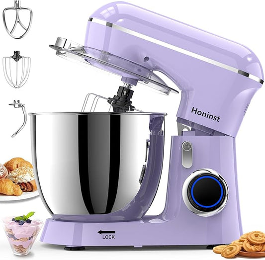 Honinst Stand Mixer, 6.5QT 10-Speed Tilt-Head Electric Stand Mixer, 3-In-1 Kitchen Mixer with Bowl, Dough Hook, Whisk and Beater, Food Mixer for Baking, Cake and Most Home Cooks, Purple