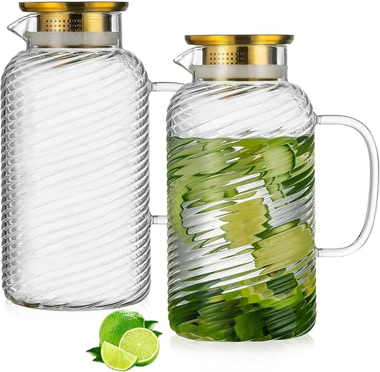 Buaic 2 PACK Glass Pitcher with Lid, 68 oz/ 2 Liter Spiral Pattern Water Pitcher,Glass Water Carafe for Cold Brew, Coffee, Lemonade, Iced Sun Tea,Beverage, Milk, Heat Resistant