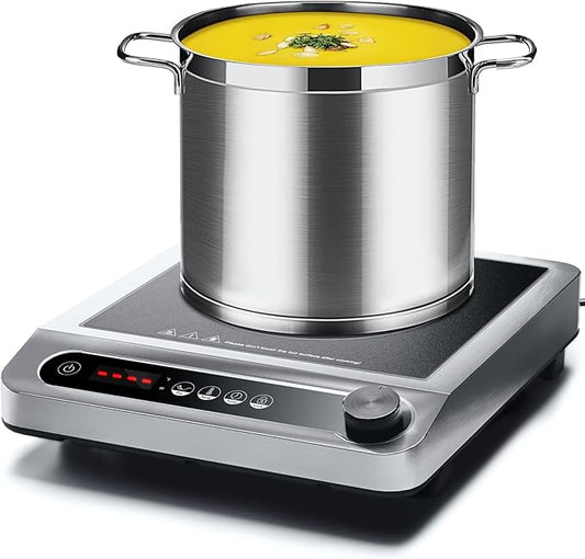 AMZCHEF Commercial Induction Cooktop, 1800W Countertop Burner with 18 Power&Temperature Setting, Double IGBT, Timer, Safety Function, Stainless steel Electric Hot Plate for Restaurant, Kitchen, Hotel