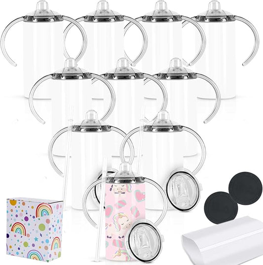 12 Oz Sublimation Sippy Cup 10 Pack, Kids Sublimation Sippy Tumblers, Stainless Steel Todder Water Bottle