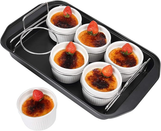 Creme Brulee Making Set - 6 Porcelain Ramekins 6 oz, 304 Stainless Steel Lifting Rack, 9" X 13" Bottom Pan