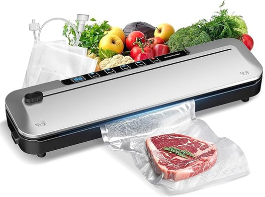 Vacuum Sealer Machine 75KPa Food with 6-in-1 Dry/Moist Modes & Digital Timer, Compact Lightweight Design, Built-in Cutter + 10 Bags (Black Silver)