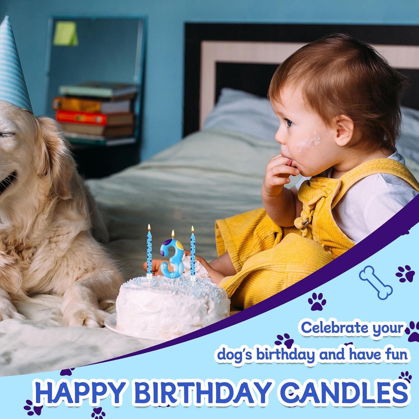 13PCS Blue Dog Paw Birthday Candles Set Cake Topper Numeral Birthday Candles for Boy Girl Dog Paw Decoration(Number 3)