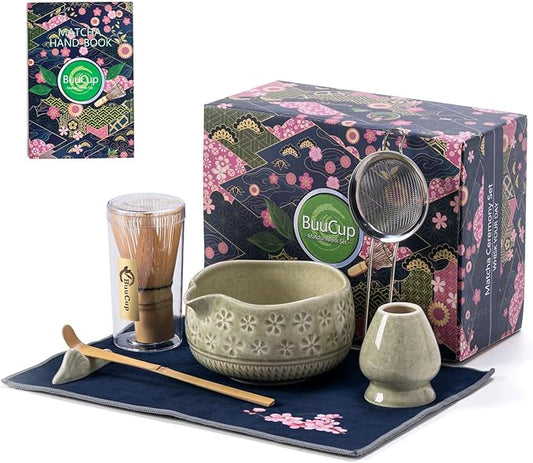 Buucup Matcha Whisk Set, Ceramic Matcha Kit Set Includes Matcha Bowl, Matcha Whisk and Holder, Bamboo Scoop, Scoop Rest, Sifter and Tea Towel - 7 Pcs Matcha Kit for Matcha Lovers (Mottled Green)