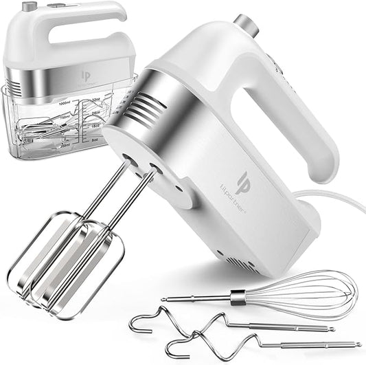 Hand Mixer Electric, 450W Kitchen Mixers with Scale Cup Storage Case, Turbo Boost/Self-Control Speed + 5 Speed + Eject Button + 5 Stainless Steel Accessories, For Easy Whipping Dough, Cream, White