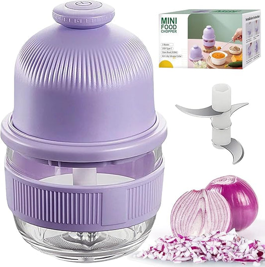 Cordless Food Processor, 350ml Glass Bowl Mini Garlic Chopper Wireless, Battery Operated Electric Food Chopper, Small USB-C Rechargeable Vegetable Meat Blender Grinder, Mixer, Mom's Gift (Purple)
