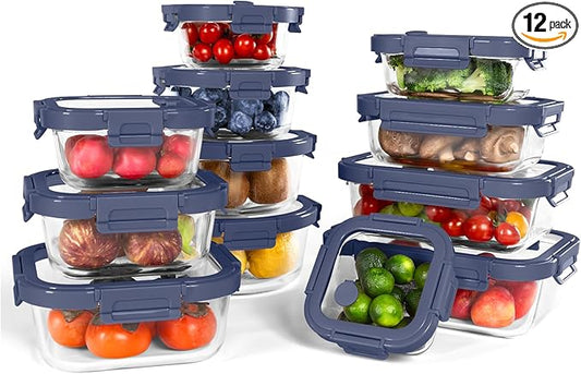 12-Pack Glass Containers with Tempered Lids – Borosilicate, Oven-Safe(-4°F~950°F), Airtight, BPA-Free, Multi-Size for Meal Prep, Dishwasher Safe (Blue)