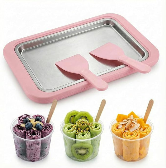 Rolled Ice Cream Maker, Ice Cream Tray with Ice Cream Roller, Manual Homemade Ice Cream Maker for Frozen Yogurt Sorbet, Ice Cream Tray for Family (Pink)