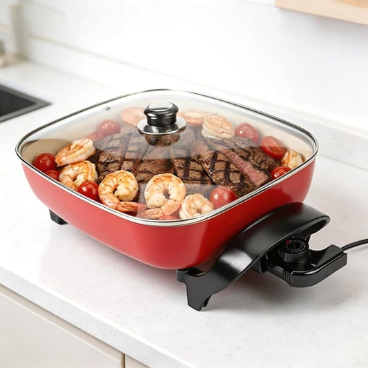 15'' Ceramic Nonstick Electric Skillet with Tempered Vented Glass Lid,Thermostat Control to Prevent Overheating,Removable Easy-to-Clean,Vibrant Red