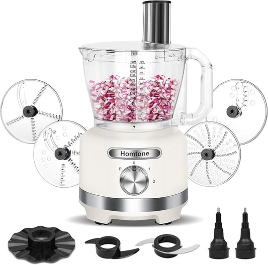 Homtone 16-Cup Food Processor, Heavy-Duty 9-Function Vegtable Chopper with 7 Blades & 3 Speeds for Dough Kneading, Meat Chopping, Slicing, Shredding & French Fry Cutting, Dishwasher Safe, White