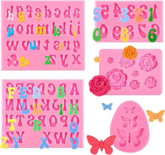 5 PCS Silicone Letter Molds, Non-Stick Number Rose Flower Butterfly Fondant Molds for Chocolate, Candy, Cake Decoration, Cupcake Topper